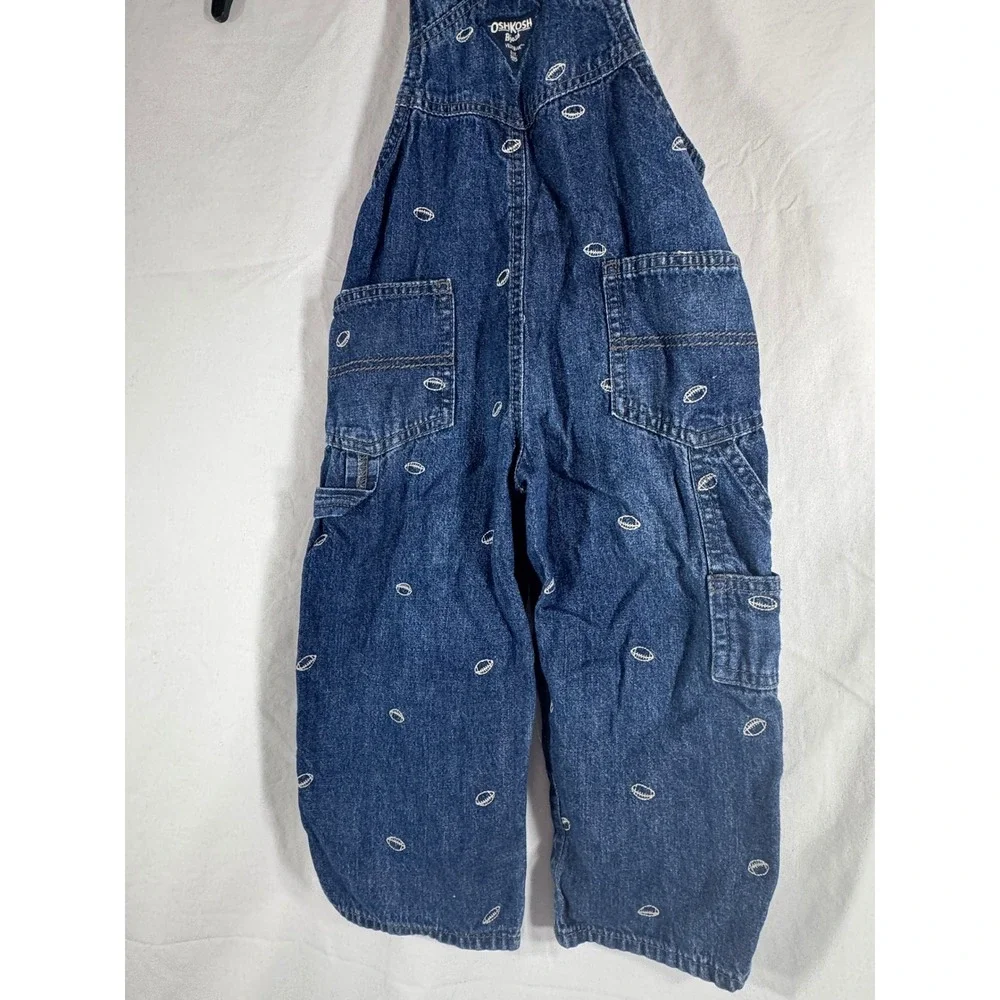 OshKosh Bgosh Kids 3T Blue Denim Football Embroidered Bib Overalls Dark Wash